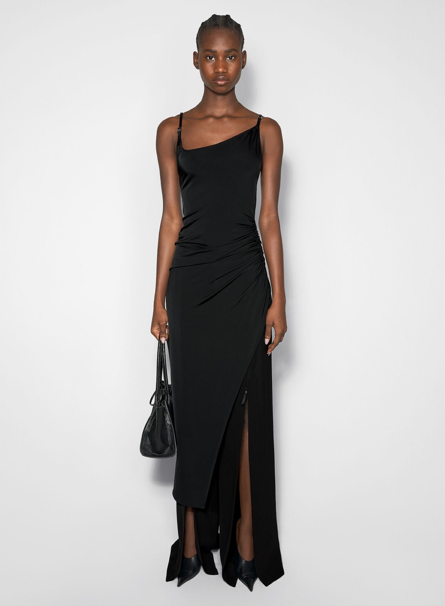 BLACK ASYMETRICAL BUCKLED STRAP DRESS