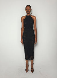 BLACK RUCHED HALTER DRESS