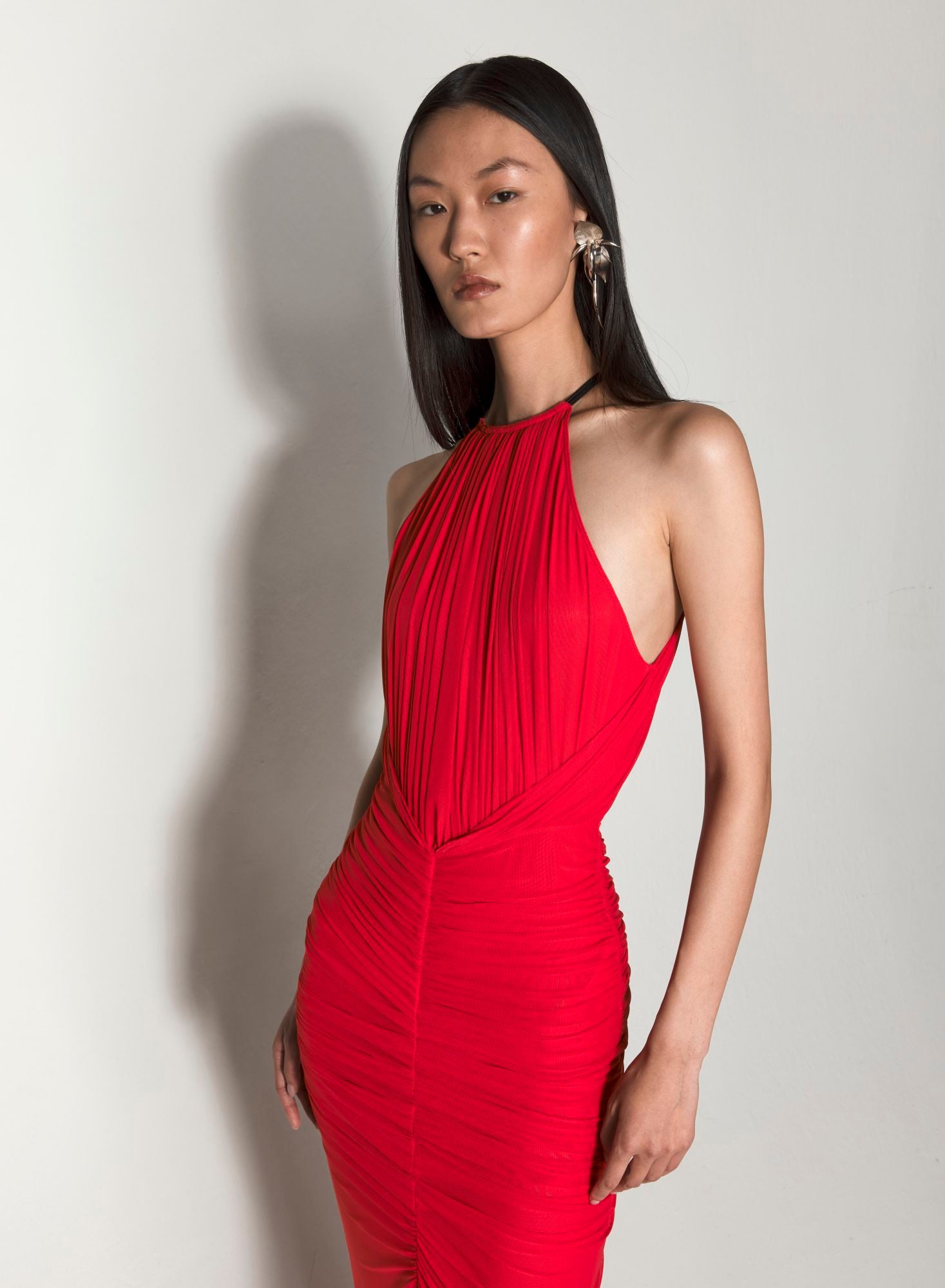 BLACK RUCHED HALTER DRESS