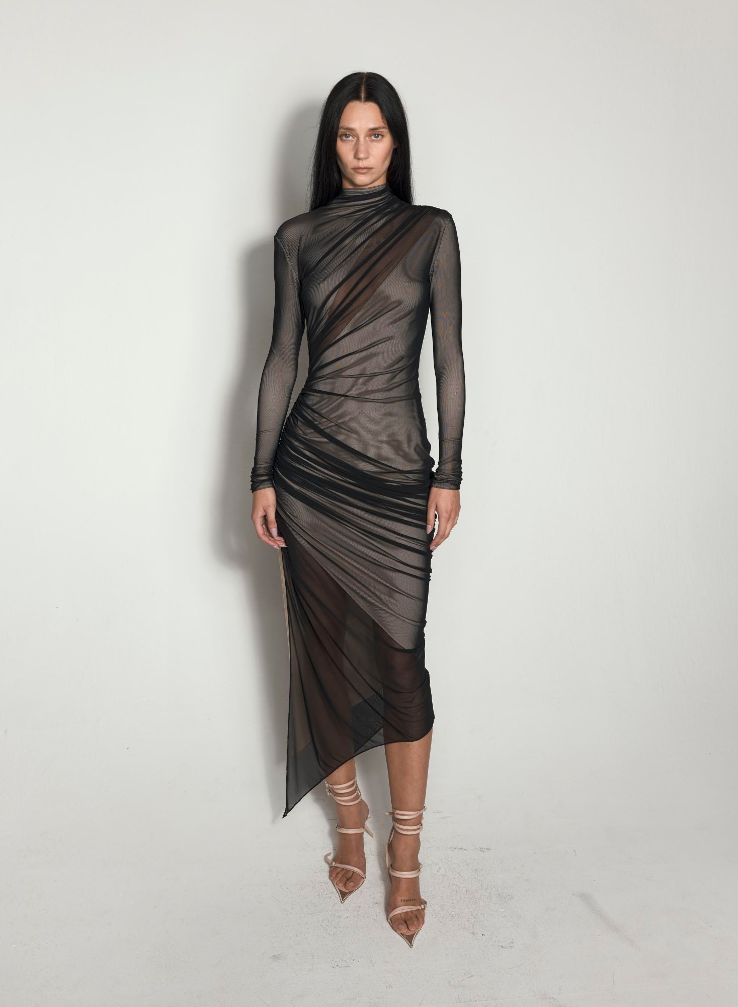 BLACK AND NUDE ASYMETRICAL DOUBLE LAYERED DRESS