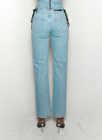 BLUE LACED-UP STRAIGHT LEG JEANS
