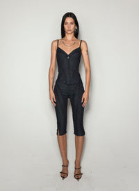 BLACK MESH CORSETED RAW DENIM TOP