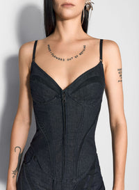 BLACK MESH CORSETED RAW DENIM TOP