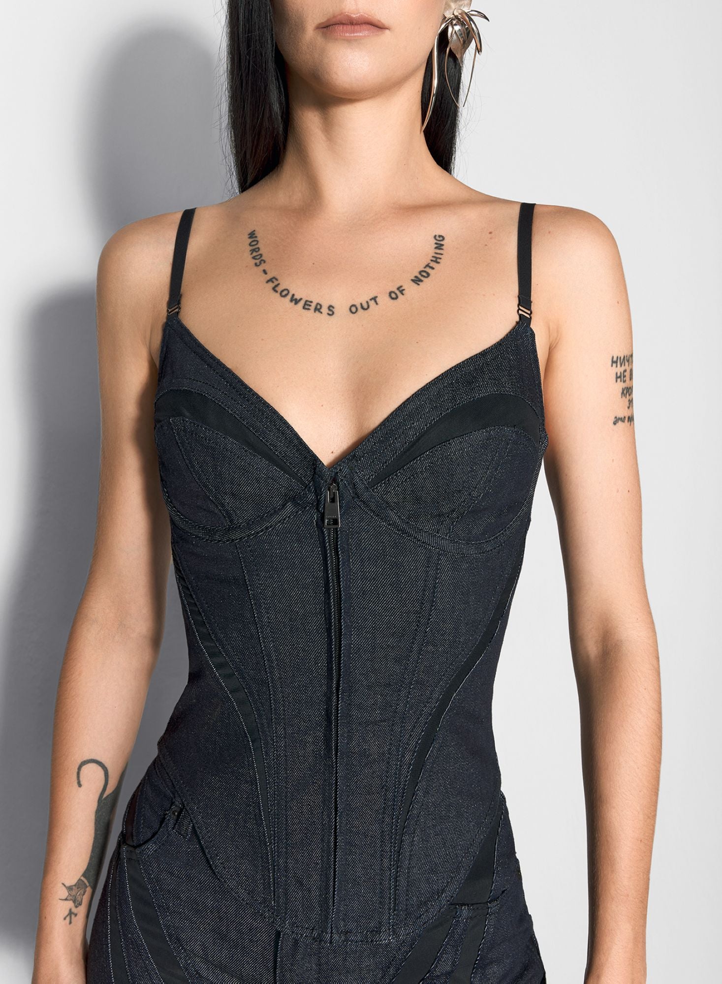 BLACK MESH CORSETED RAW DENIM TOP
