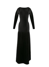 Pleated wool maxi dress with round neck - Black intense