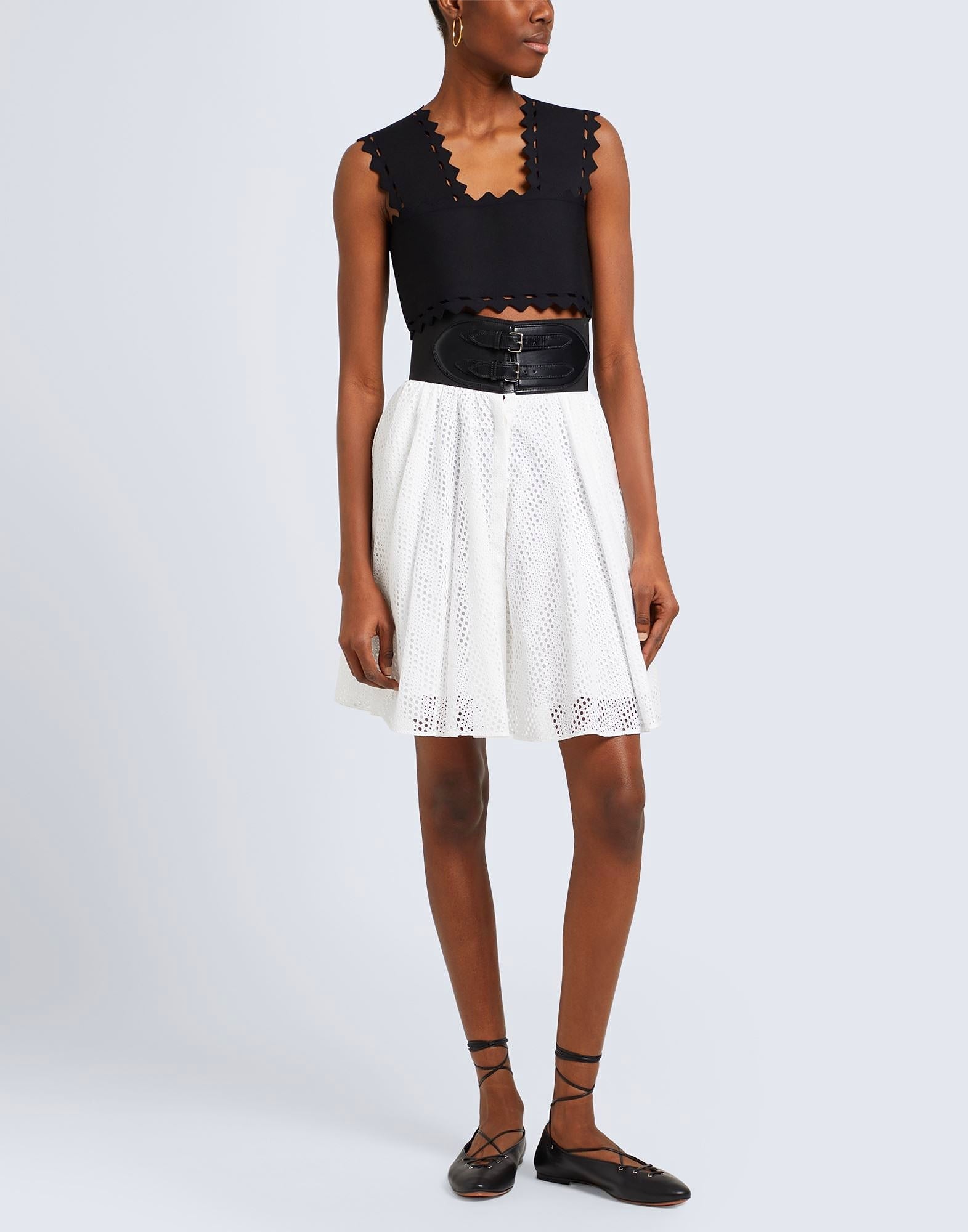 Jupe ceinturée à broderie vague - Blanc