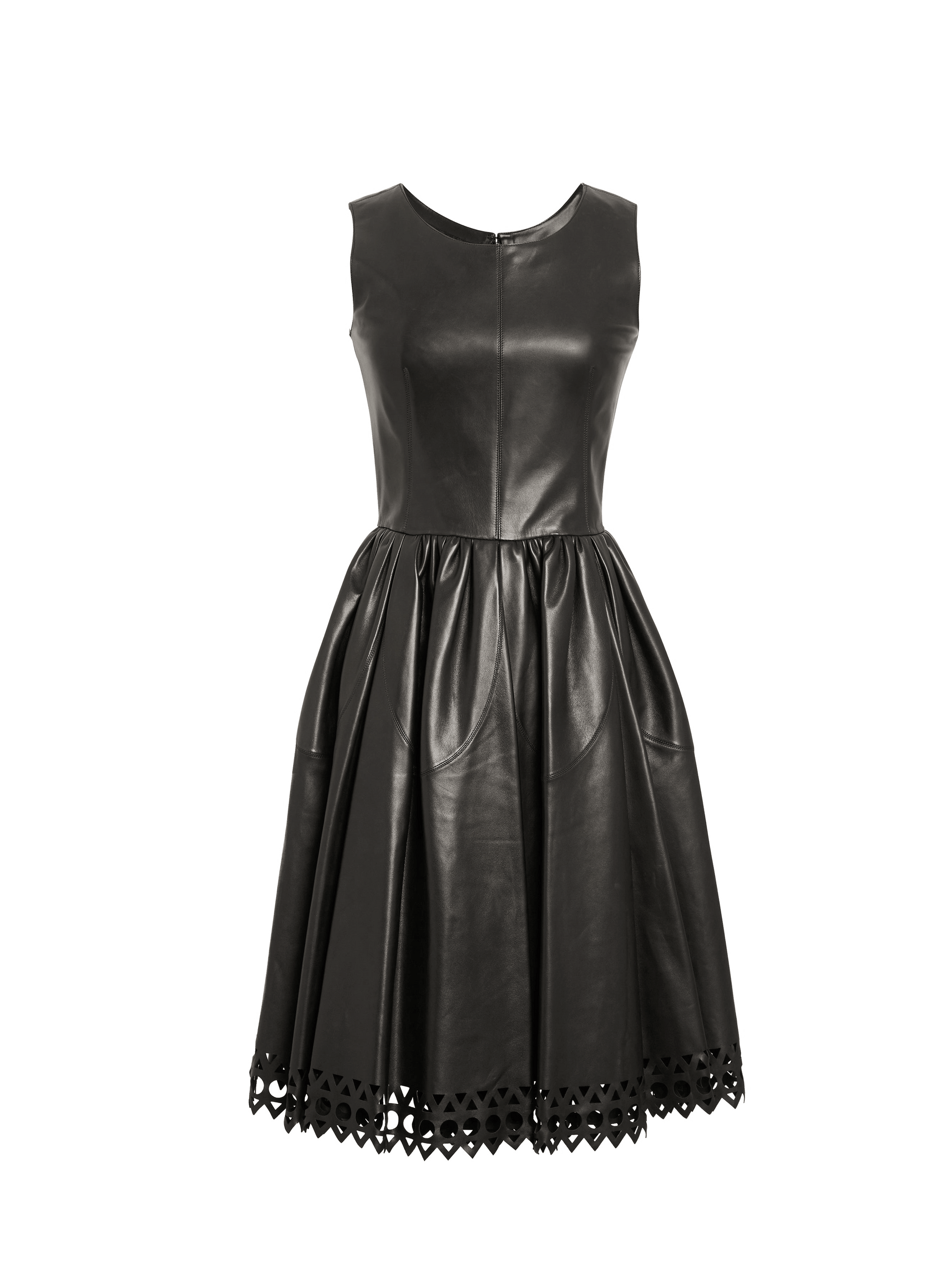 Sleeveless pleated leather scuba dress - Black intense