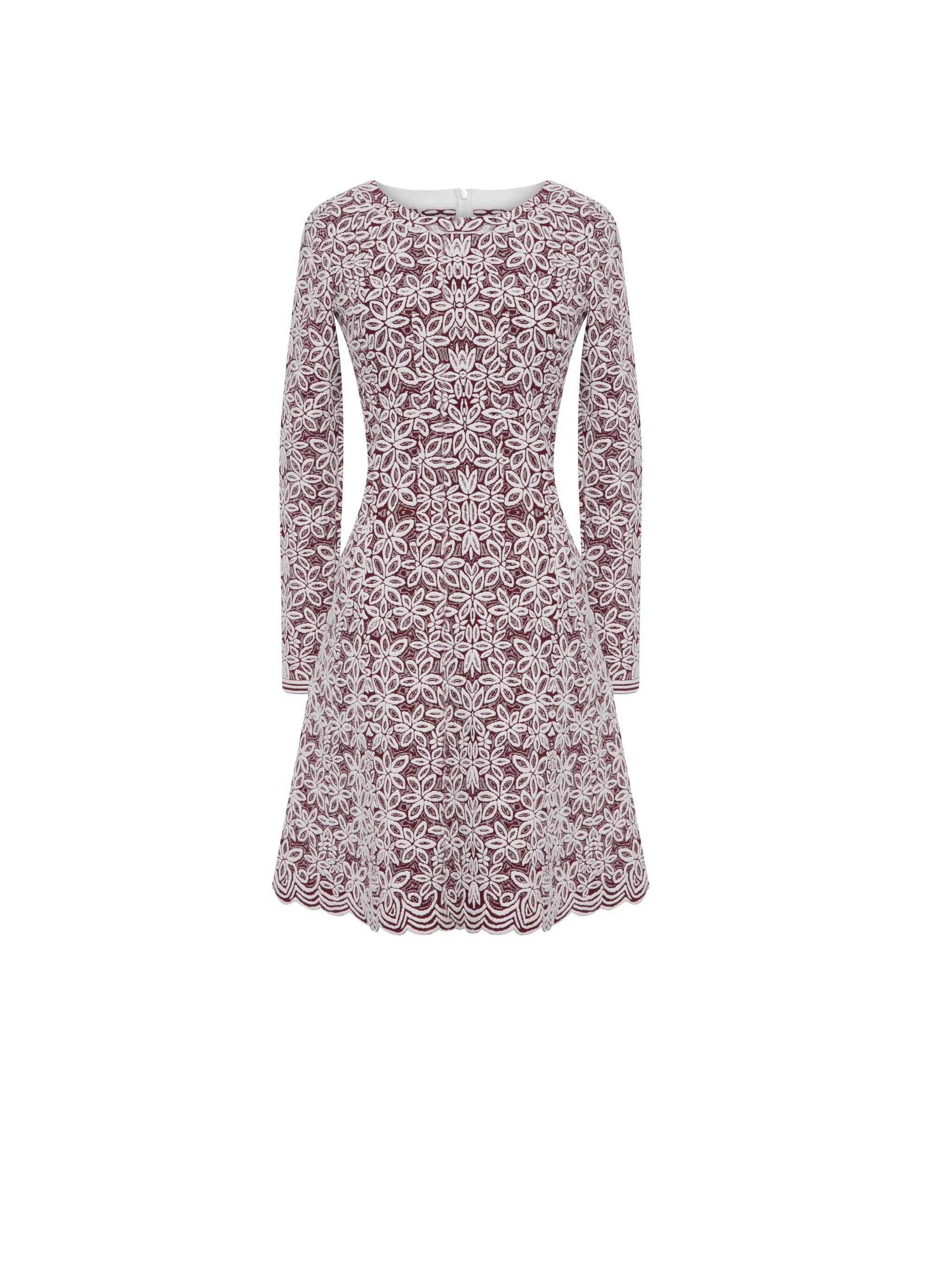 Wool floral print scalloped hem short dress - Bordeaux & White