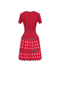 Robe courte évasée manches courtes à rayures et motifs - Multicolore rouge