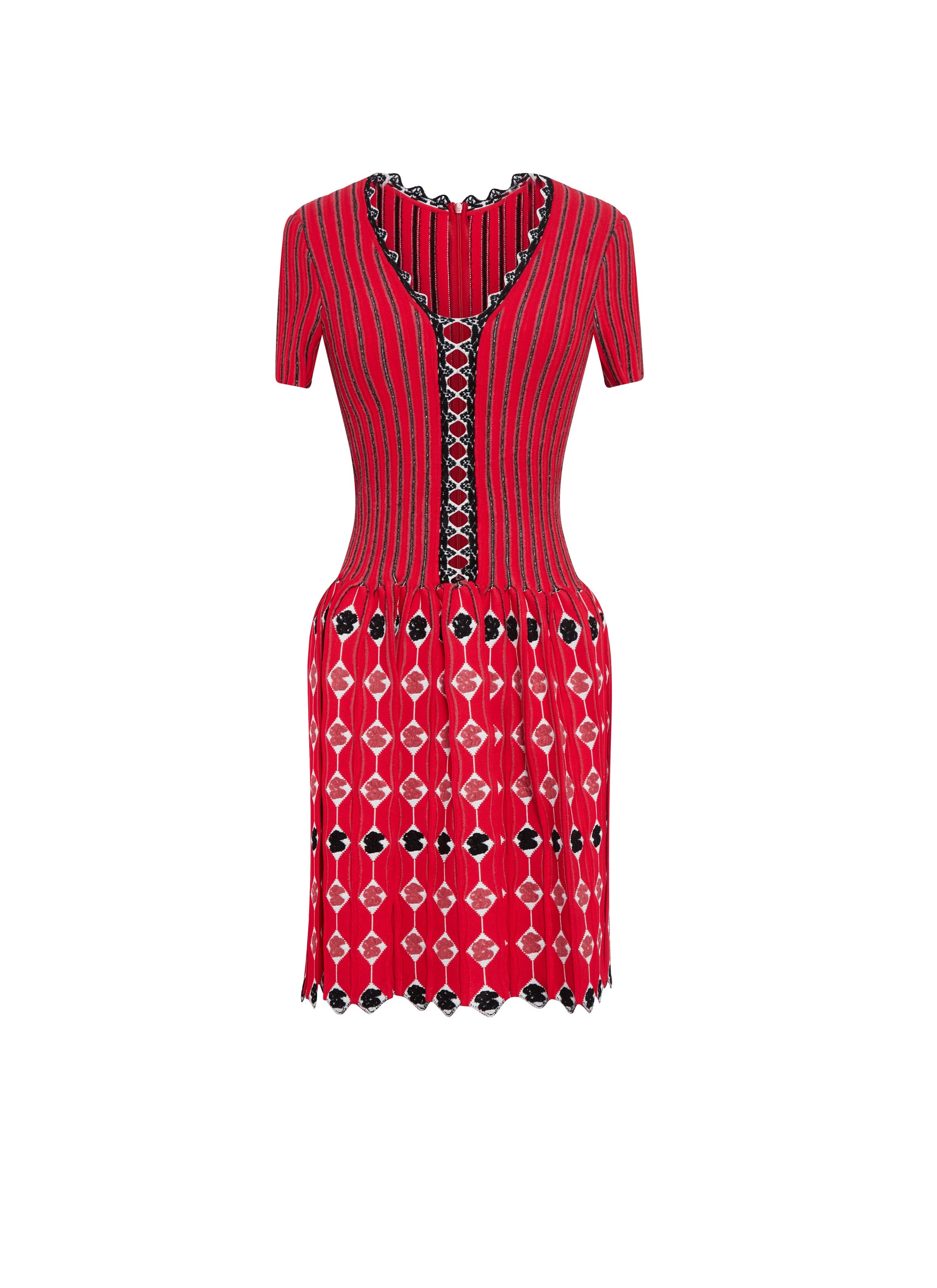 Robe courte évasée manches courtes à rayures et motifs - Multicolore rouge