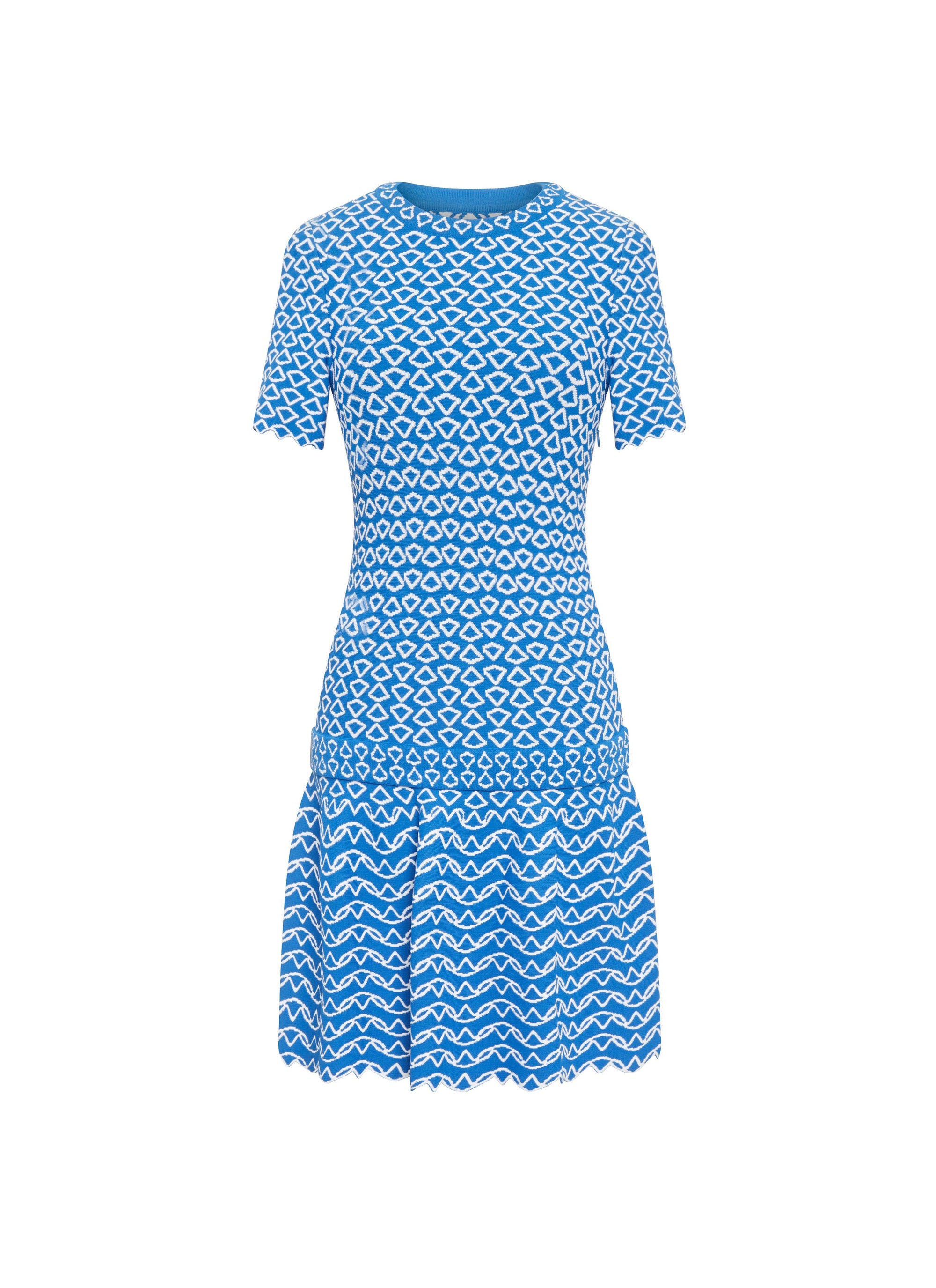 Short Sleeve Knitted Fantasia Dress - Blue & White