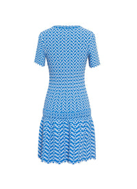 Short Sleeve Knitted Fantasia Dress - Blue & White