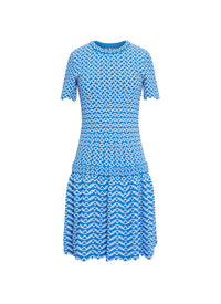 Short Sleeve Knitted Fantasia Dress - Blue & White