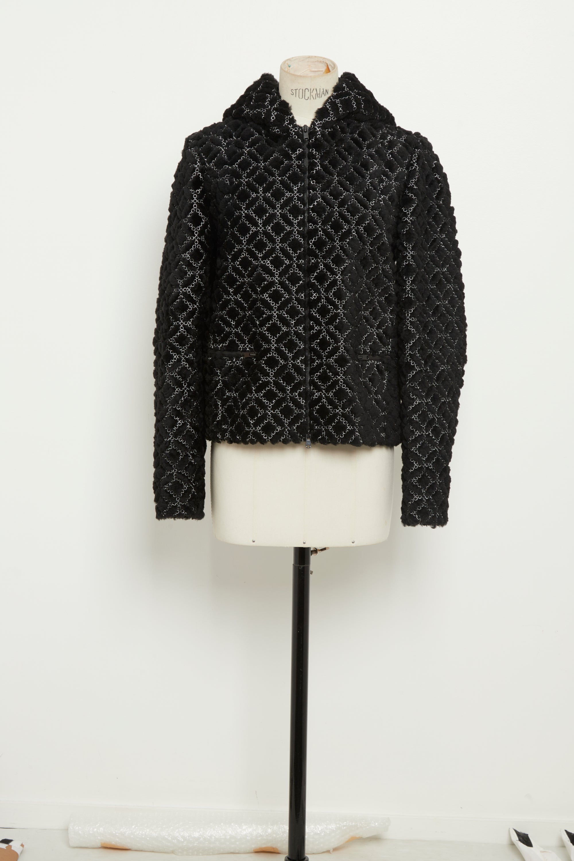 Blouson à capuche brodé en laine - Noir & Blanc