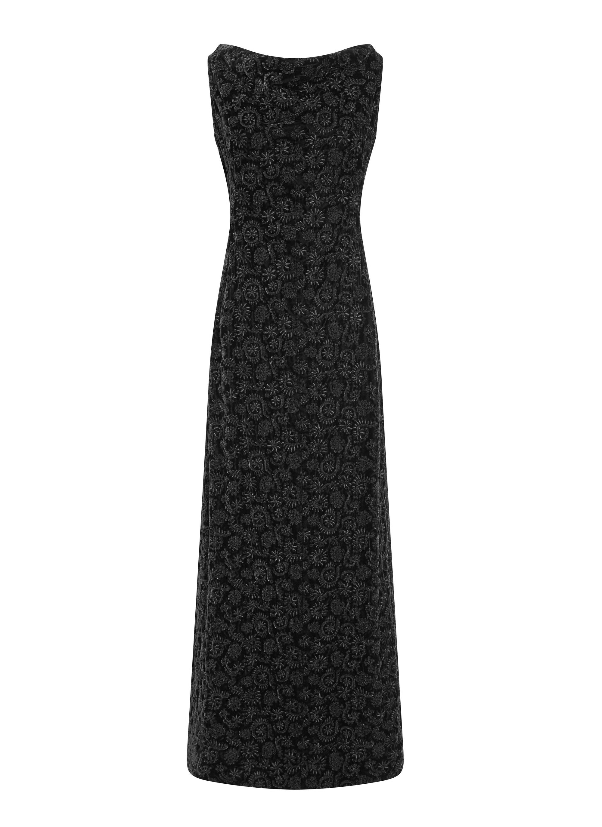 Robe longue brodée motif fleurs sans manches - Noir