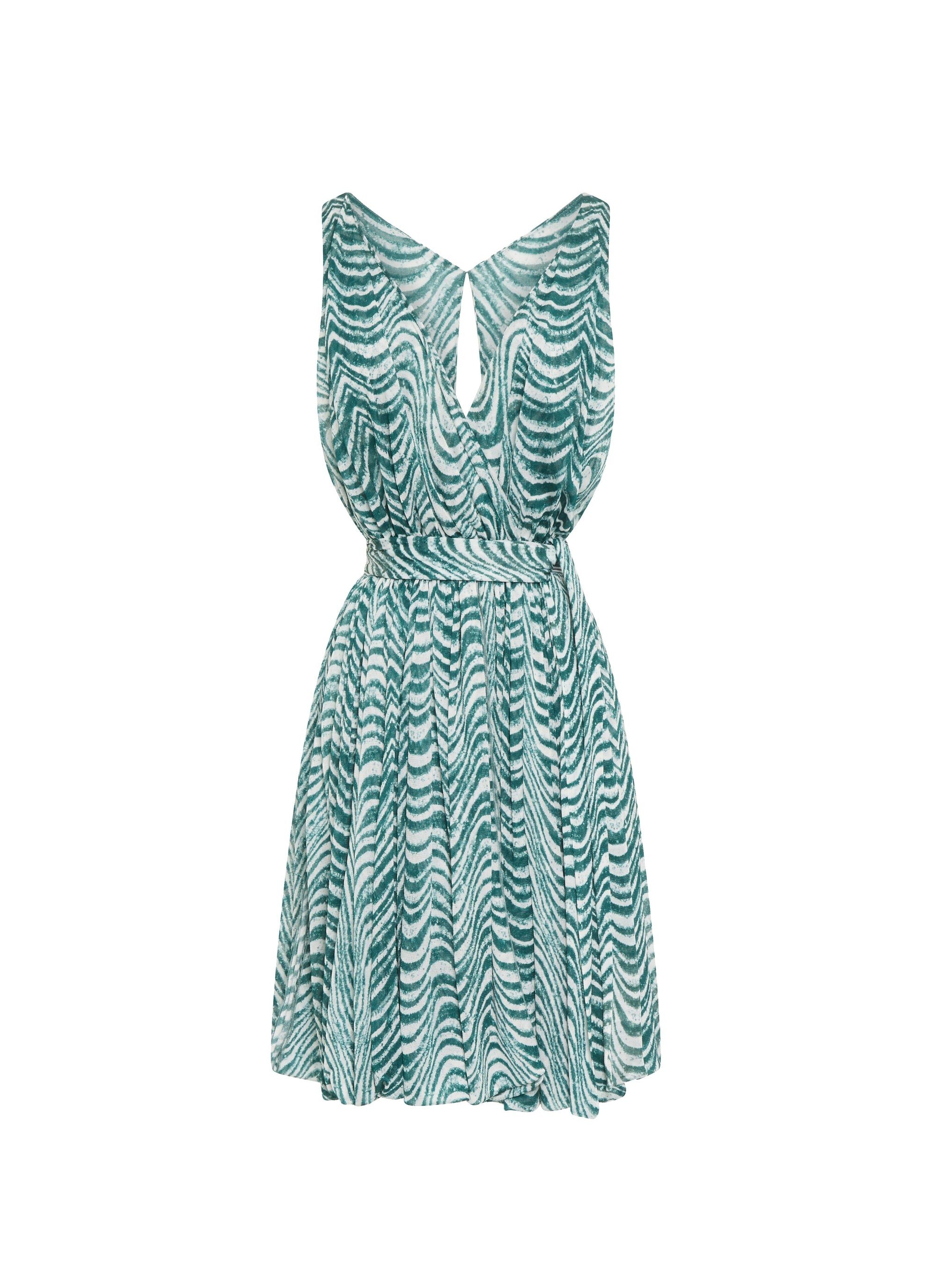 Robe courte sans manches Vagues mousseline en soie - Vert & Blanc