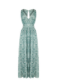 Sleeveless wave silk chiffon dress - Green & White