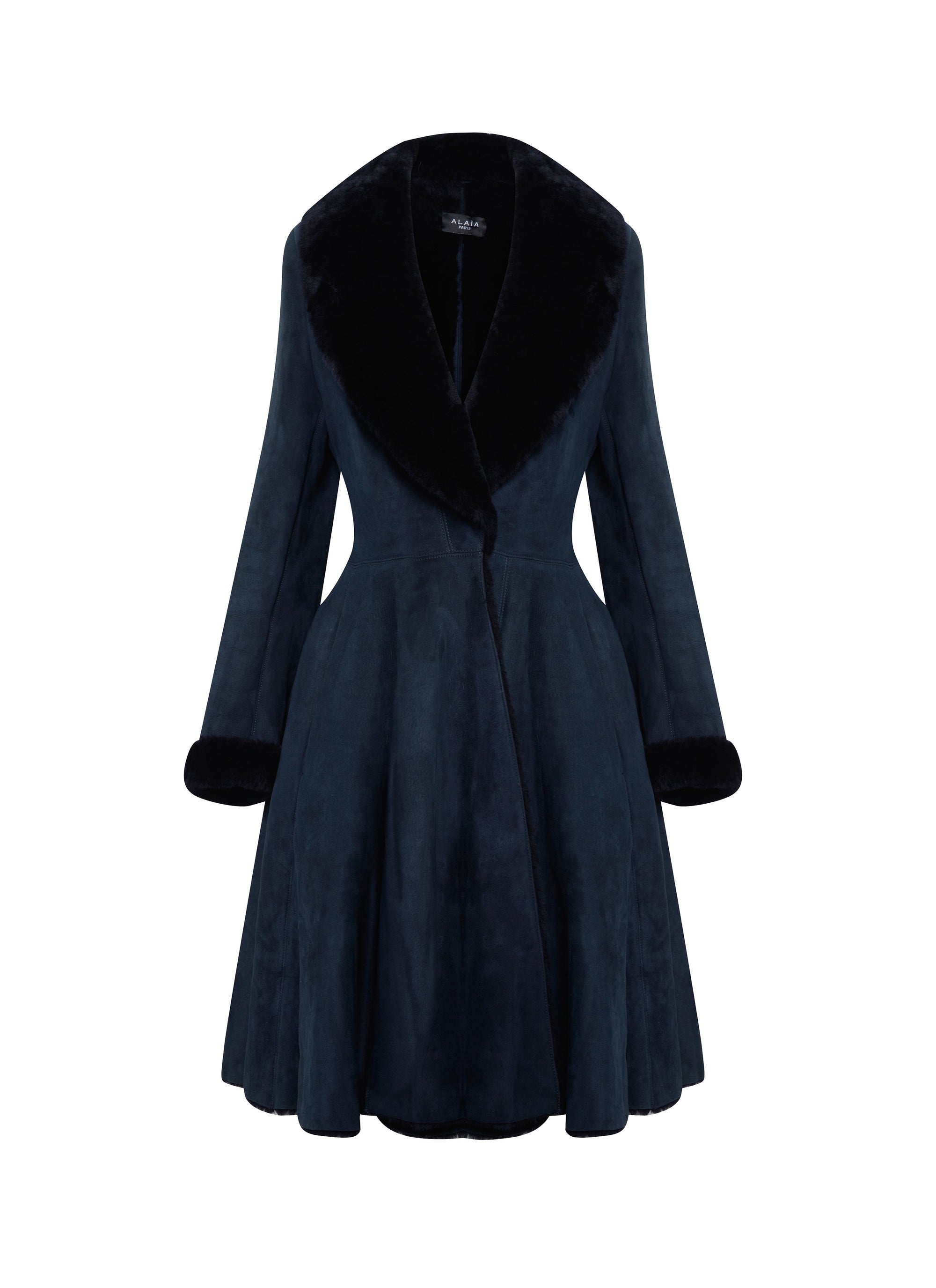 Manteau en cuir évasé col fourrure - Nuit