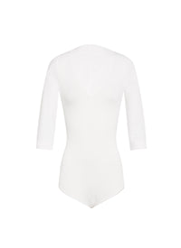 Buttoned bodysuit with 3/4 length sleeves v-neck - White