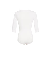Buttoned bodysuit with 3/4 length sleeves v-neck - White