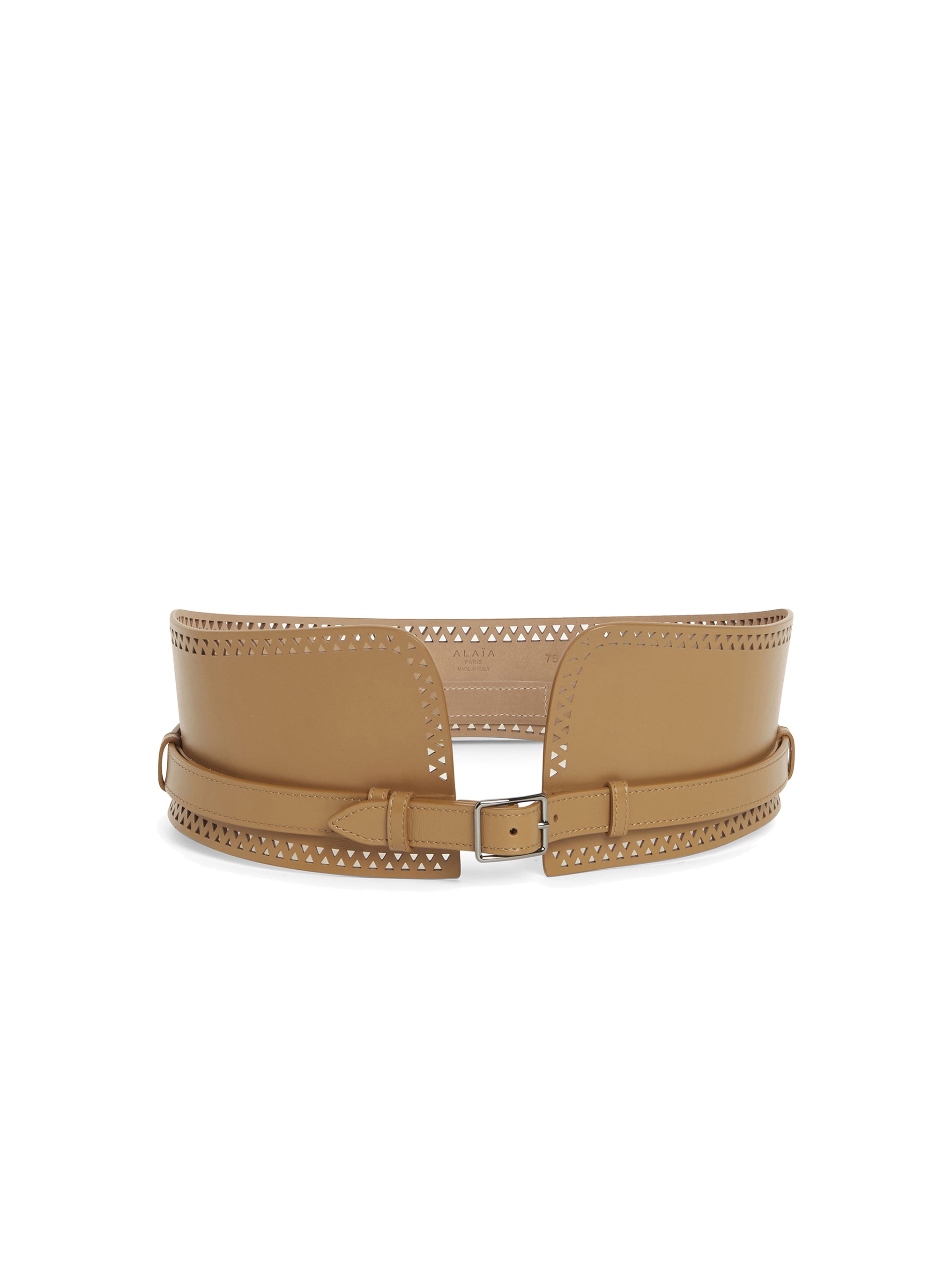 Wide openwork belt in leather - Light Tan