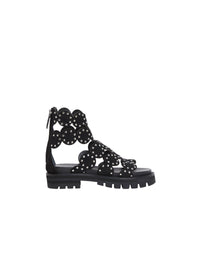 Notched leather flat sandals - Black
