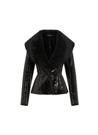 Vinyl jacket with large leather collar - Black & Black