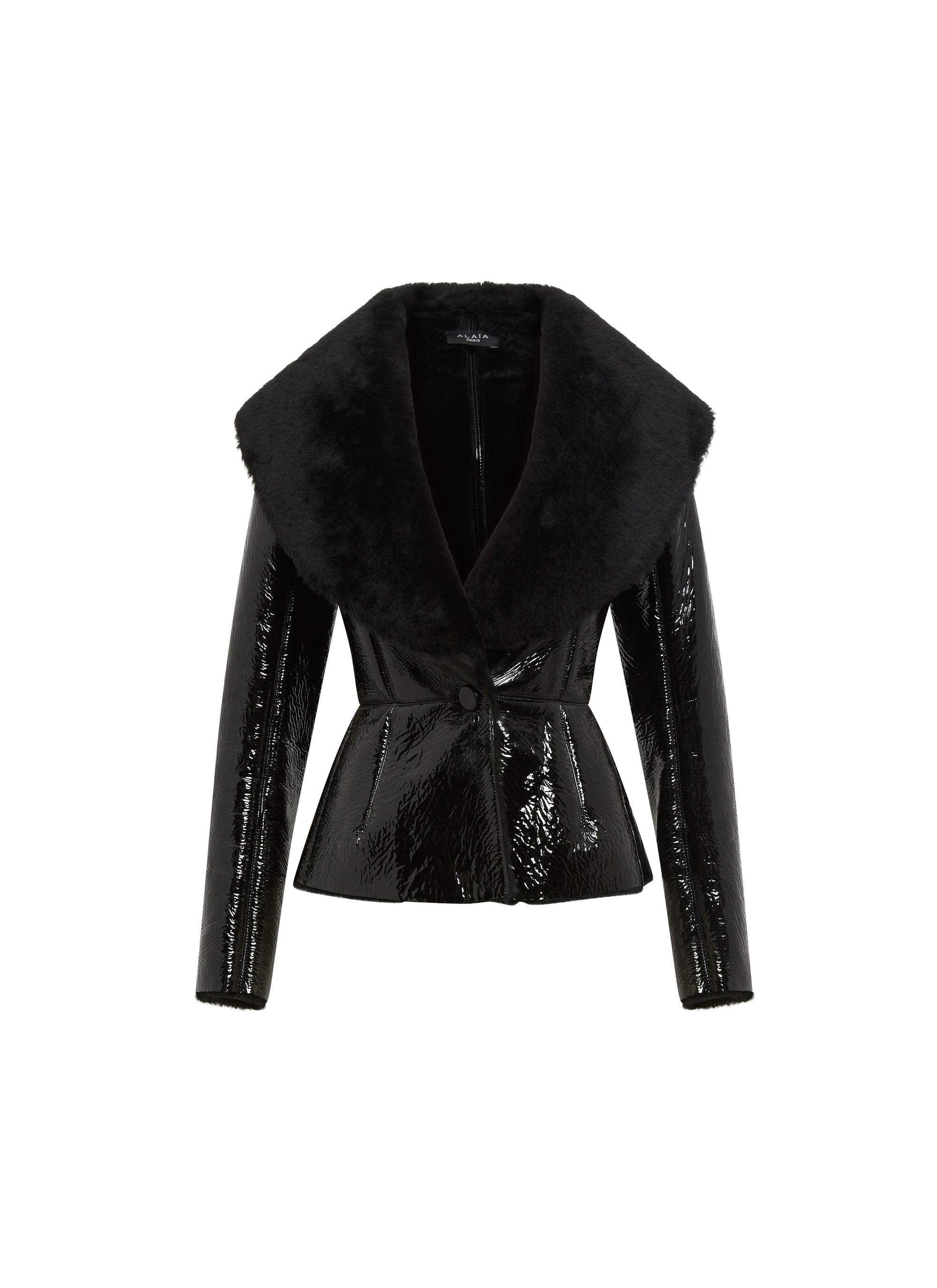 Vinyl jacket with large leather collar - Black & Black