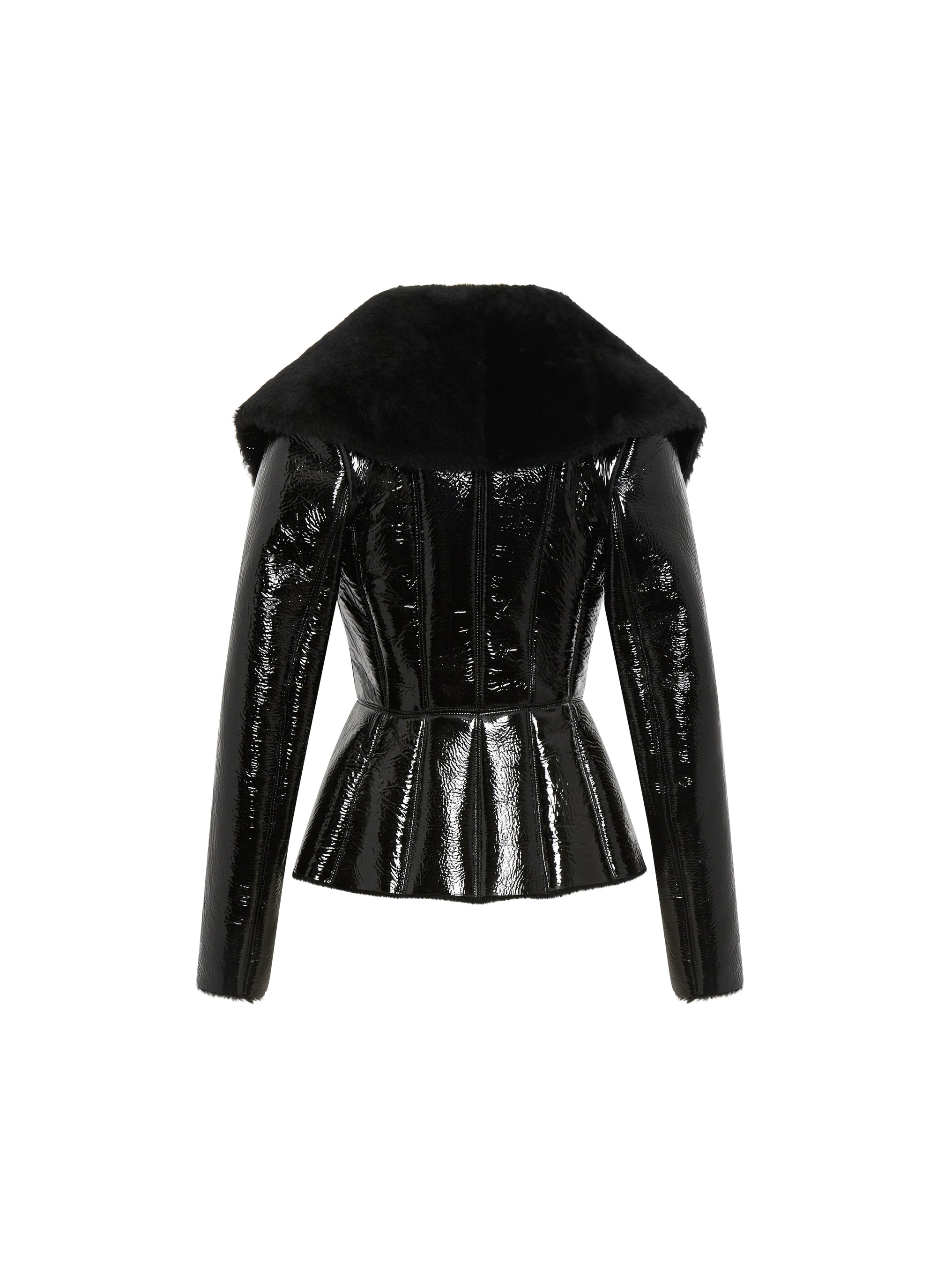 Vinyl jacket with large leather collar - Black & Black
