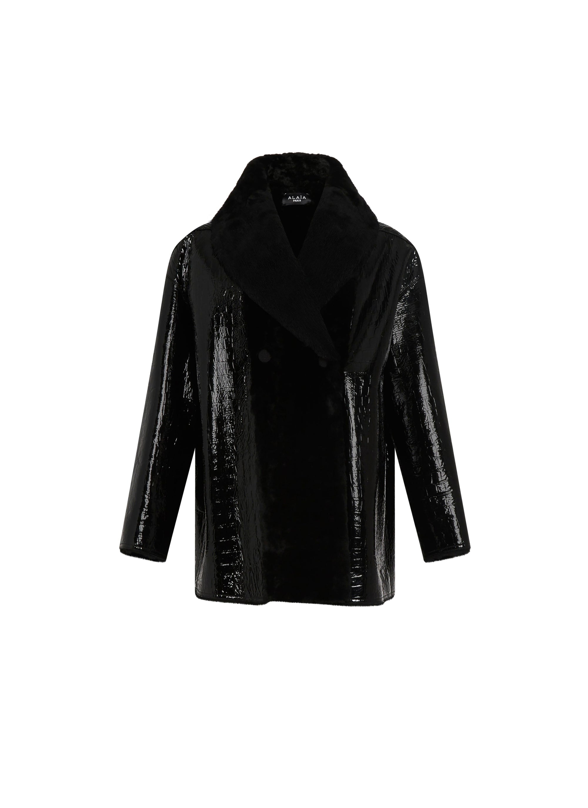 Manteau en cuir croco verni - Noir