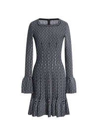 Long-sleeved square-neck dress in wool - Black & White