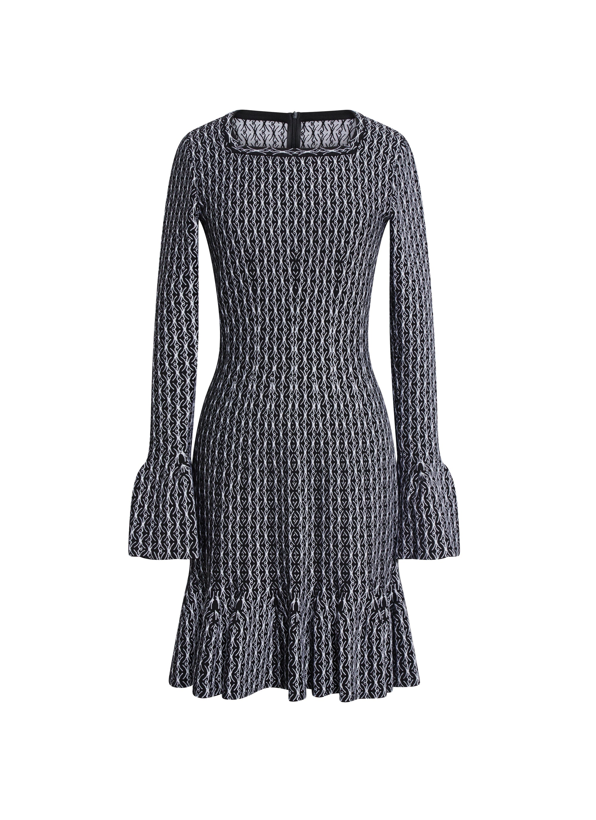 Long-sleeved square-neck dress in wool - Black & White