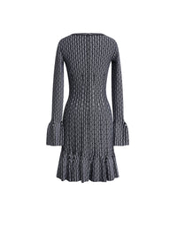Long-sleeved square-neck dress in wool - Black & White