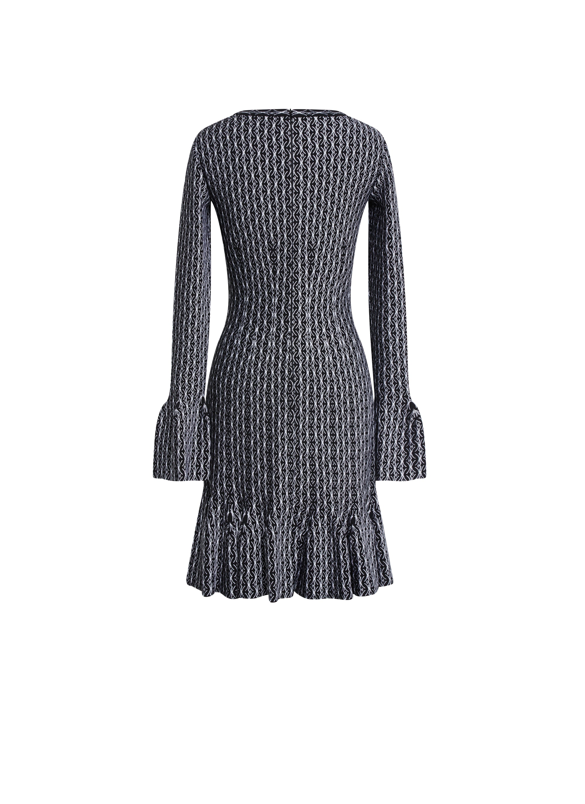 Long-sleeved square-neck dress in wool - Black & White