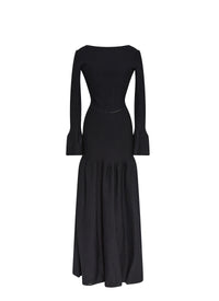 Long-sleeved flared boat-neck dress in wool - Black intense