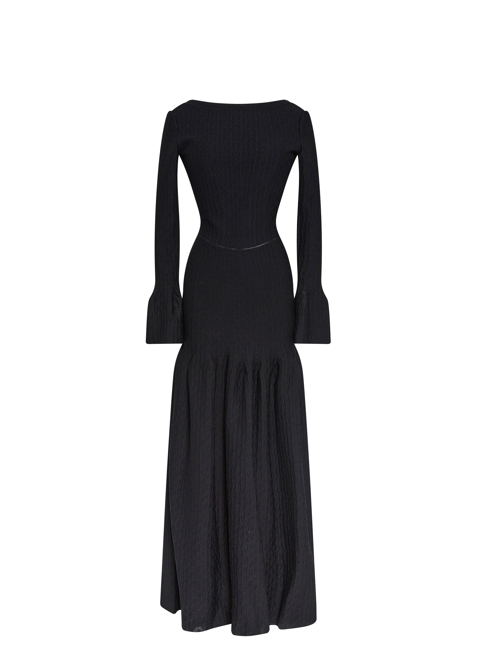Long-sleeved flared boat-neck dress in wool - Black intense