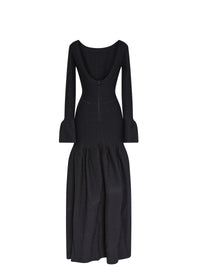 Long-sleeved flared boat-neck dress in wool - Black intense