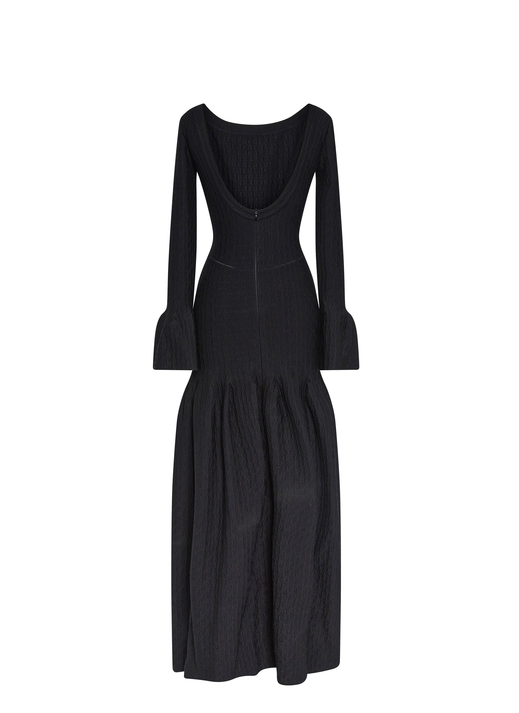 Long-sleeved flared boat-neck dress in wool - Black intense