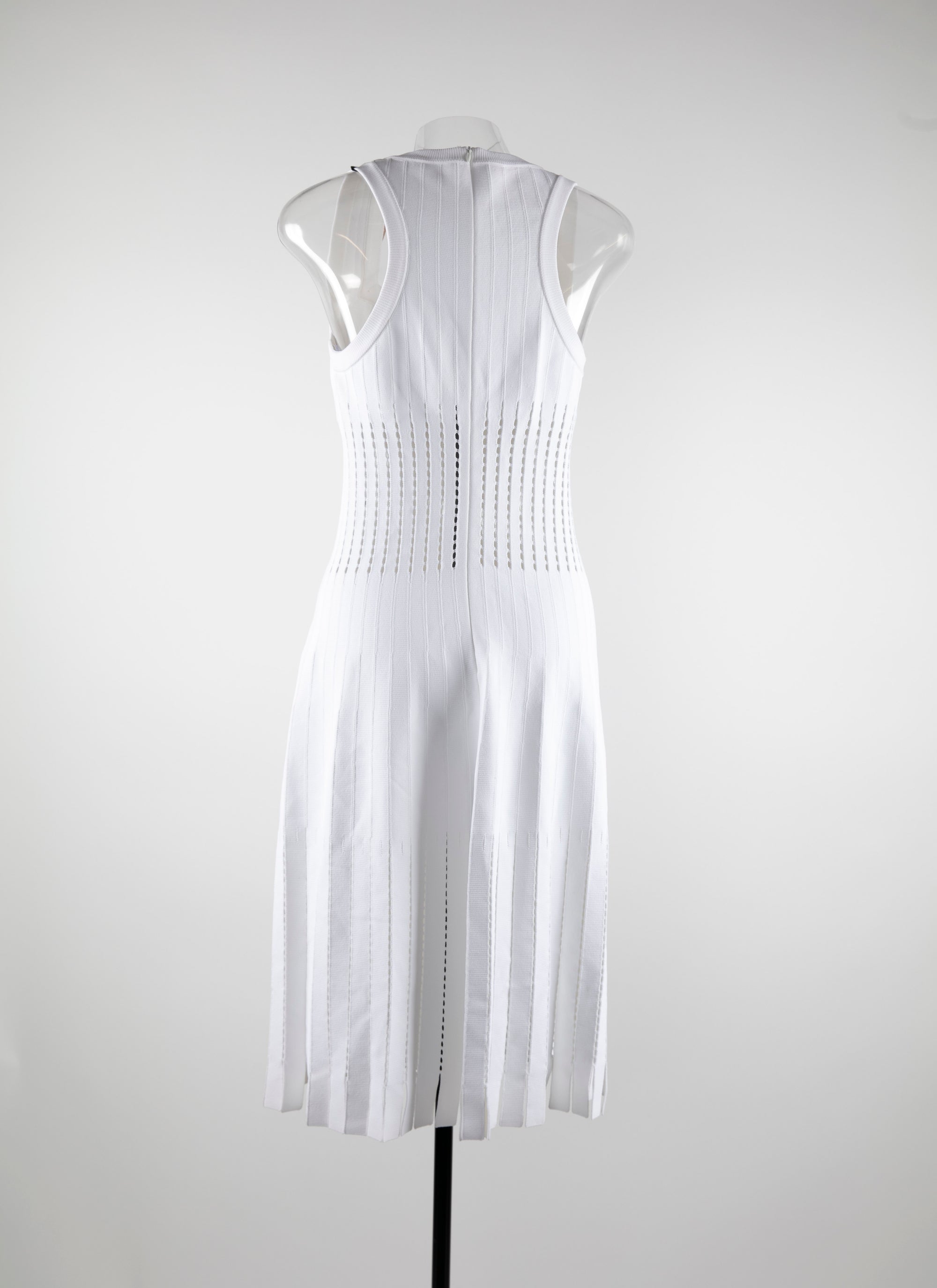 Sleeveless dress with square collar and perforated waistband - White