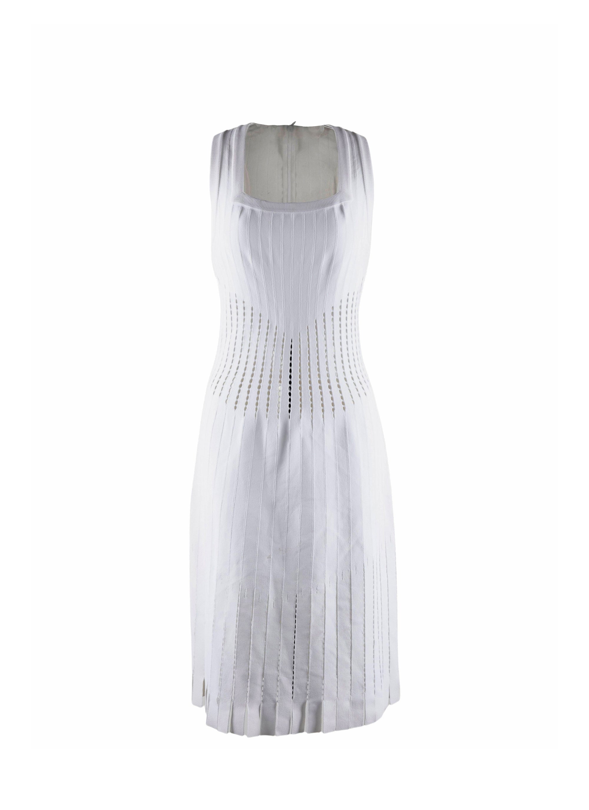 Sleeveless dress with square collar and perforated waistband - White