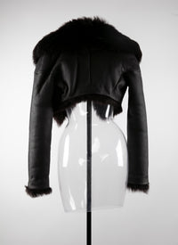 Short bolero with leather fur collar - Dark Brown