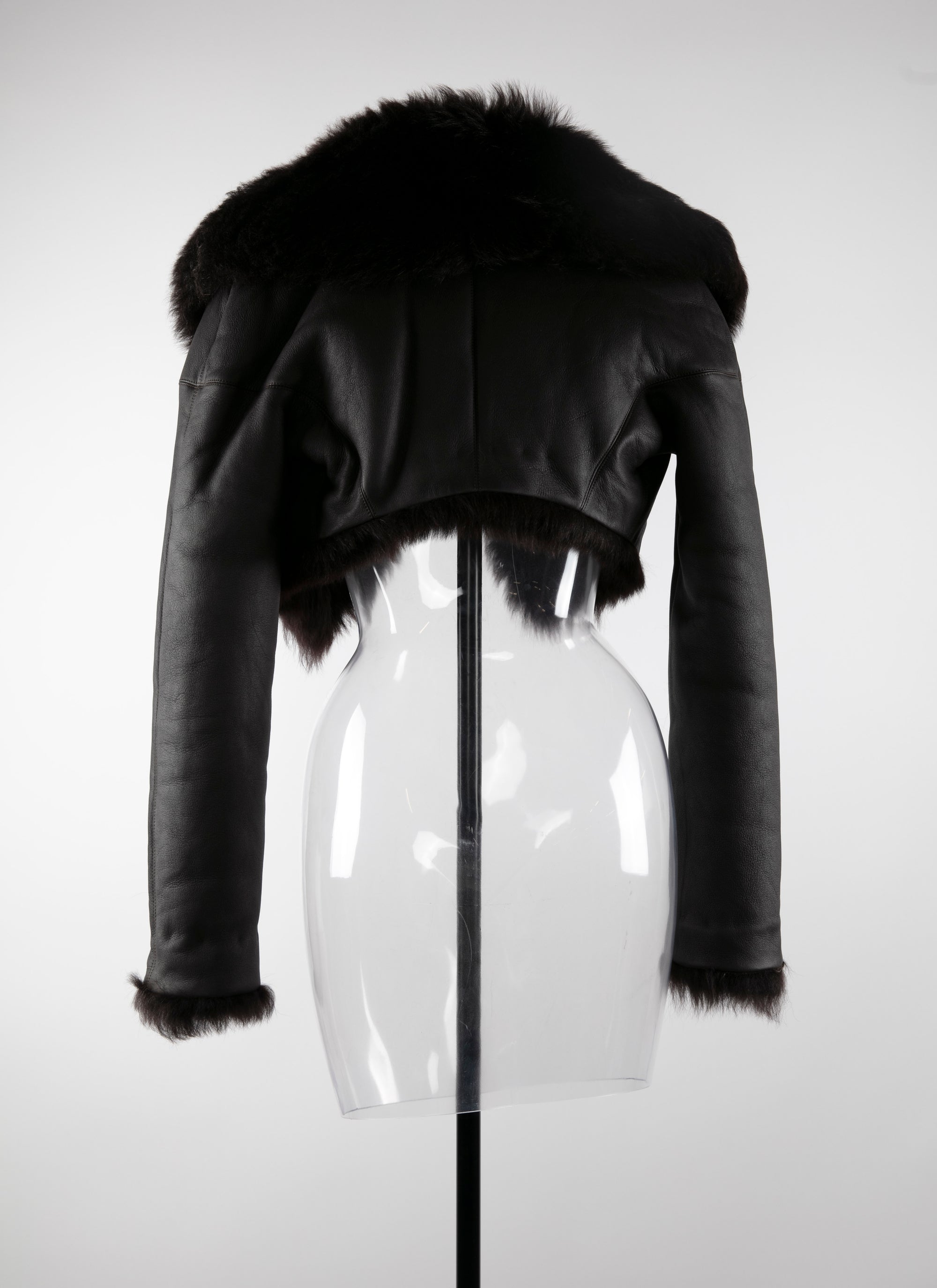 Short bolero with leather fur collar - Dark Brown