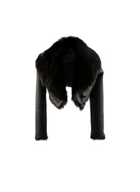 Short bolero with leather fur collar - Dark Brown