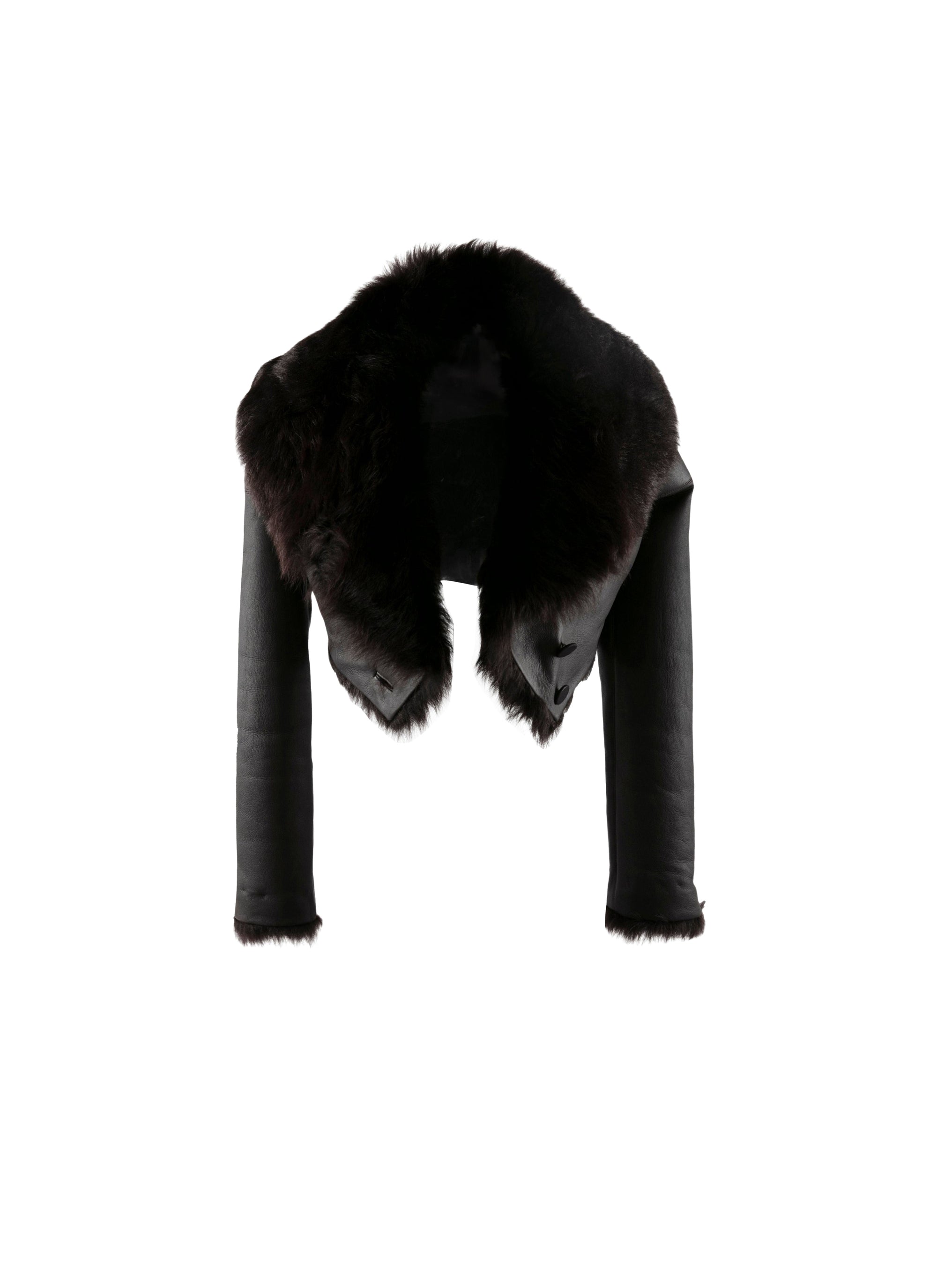 Short bolero with leather fur collar - Dark Brown