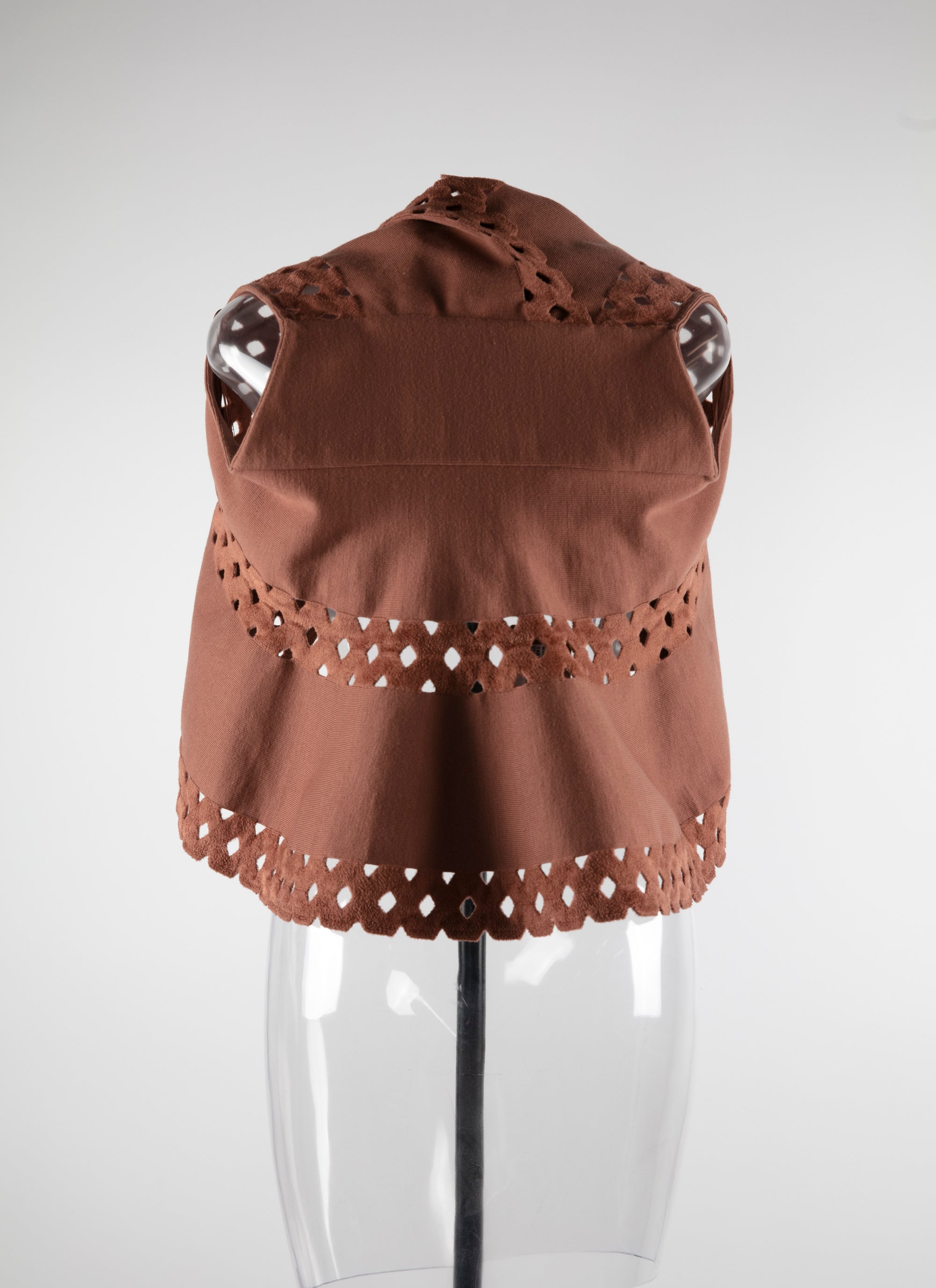 Sleeveless openwork waistcoat in wool - Tobacco