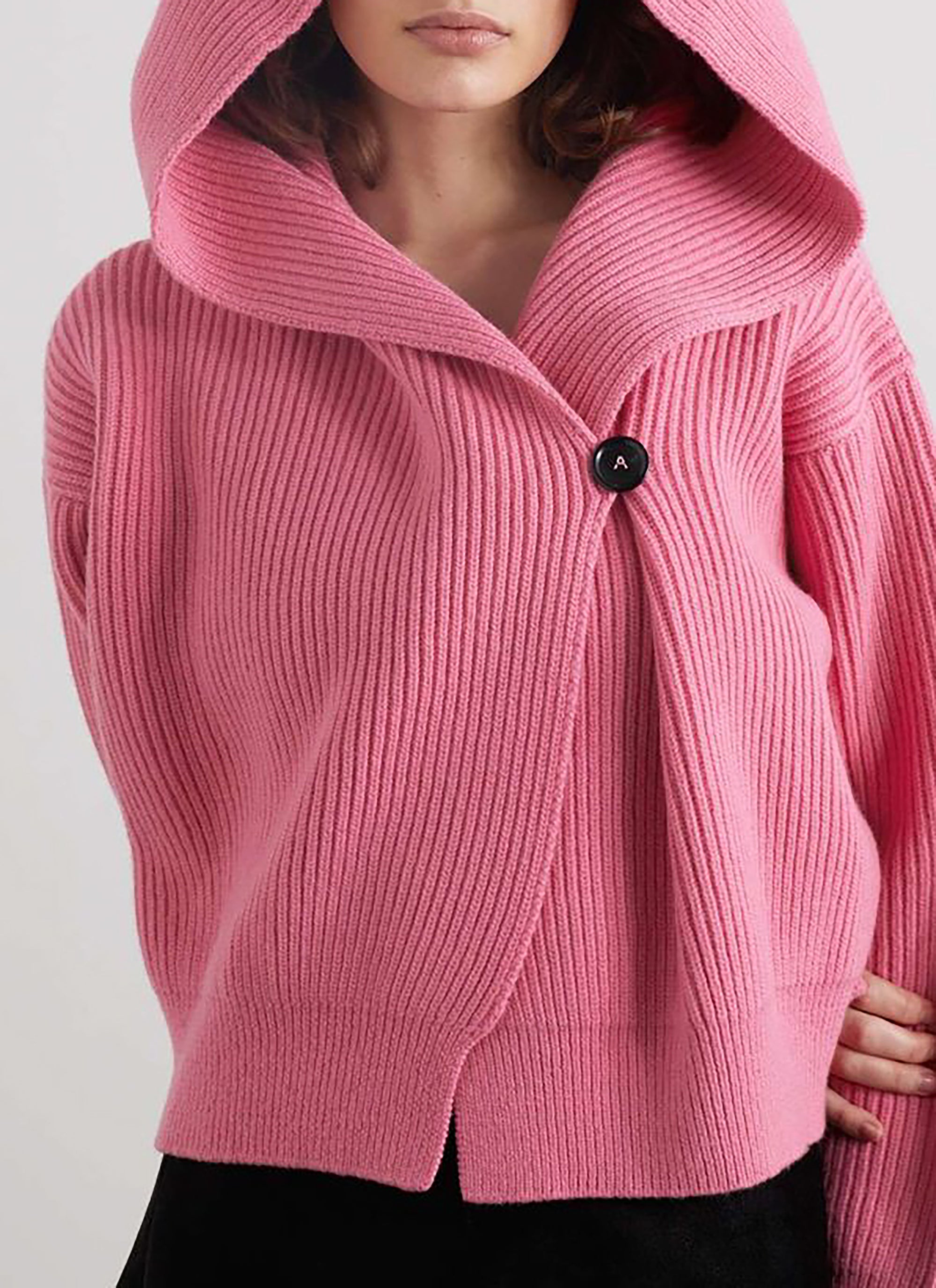 Cardigan côtelé à capuche et col châle en laine - Poudre