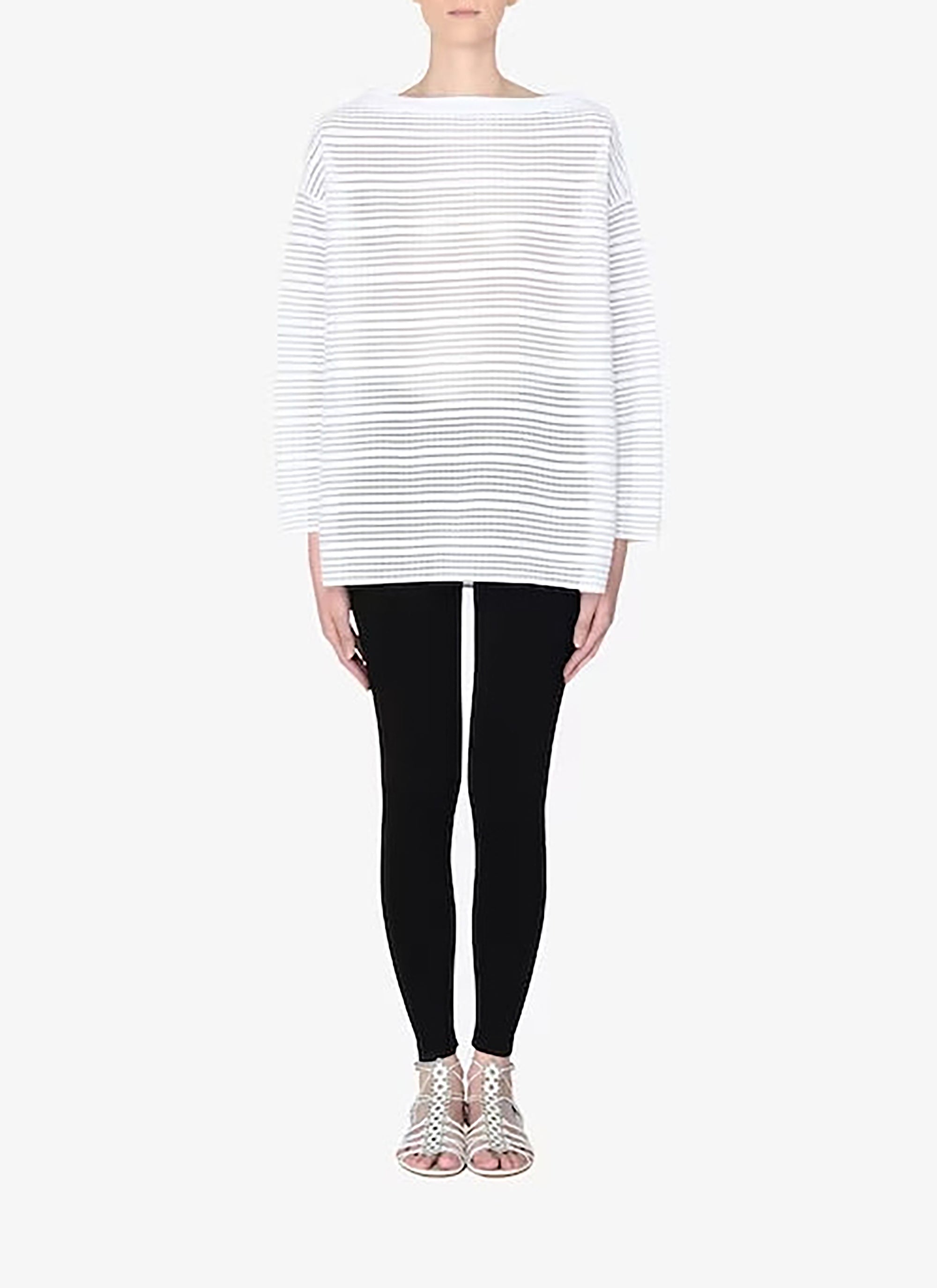 Striped long sleeve knitted brocade jumper - White