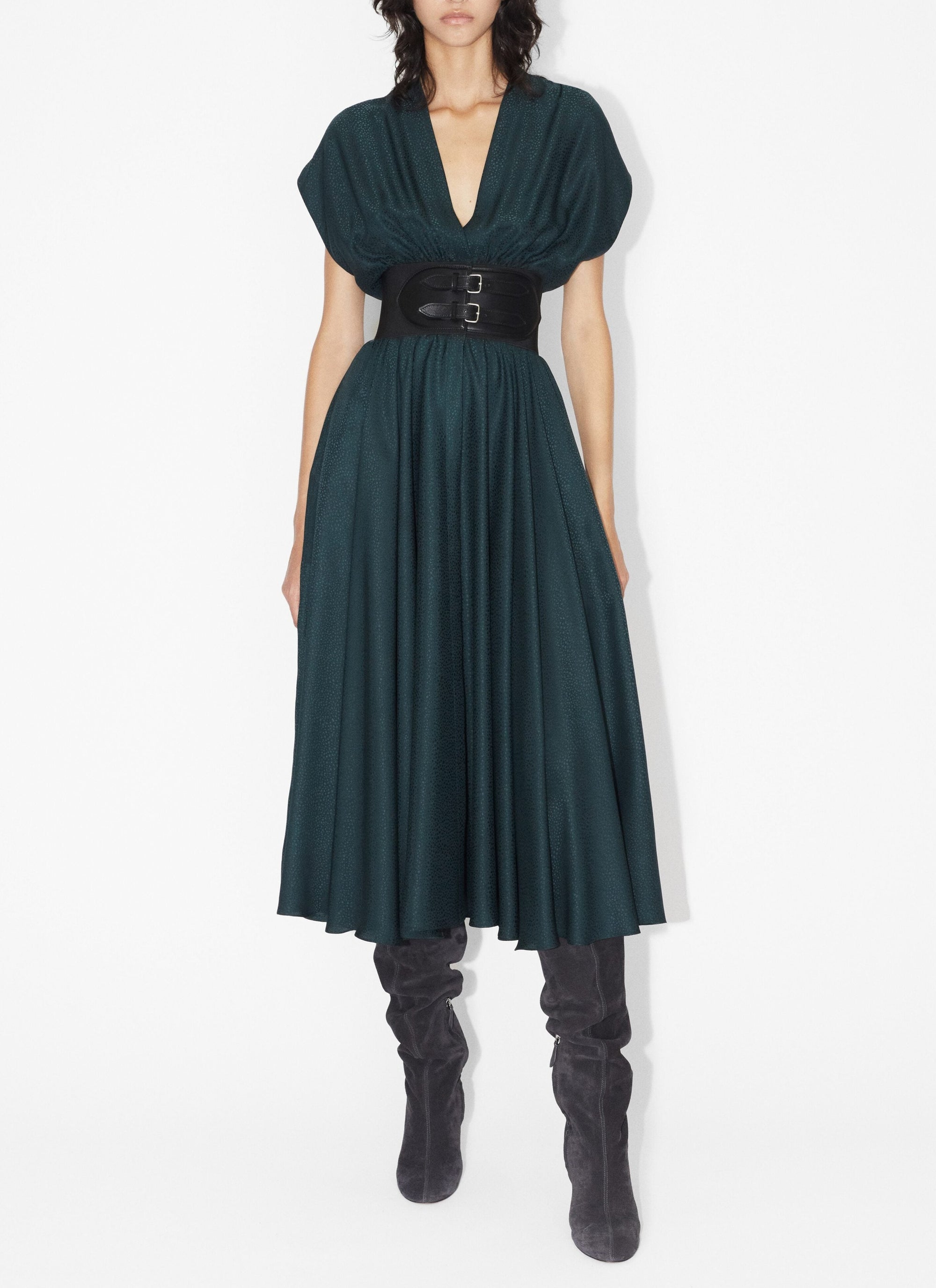 Robe ceinturée en jacquard soie - Vert foncé
