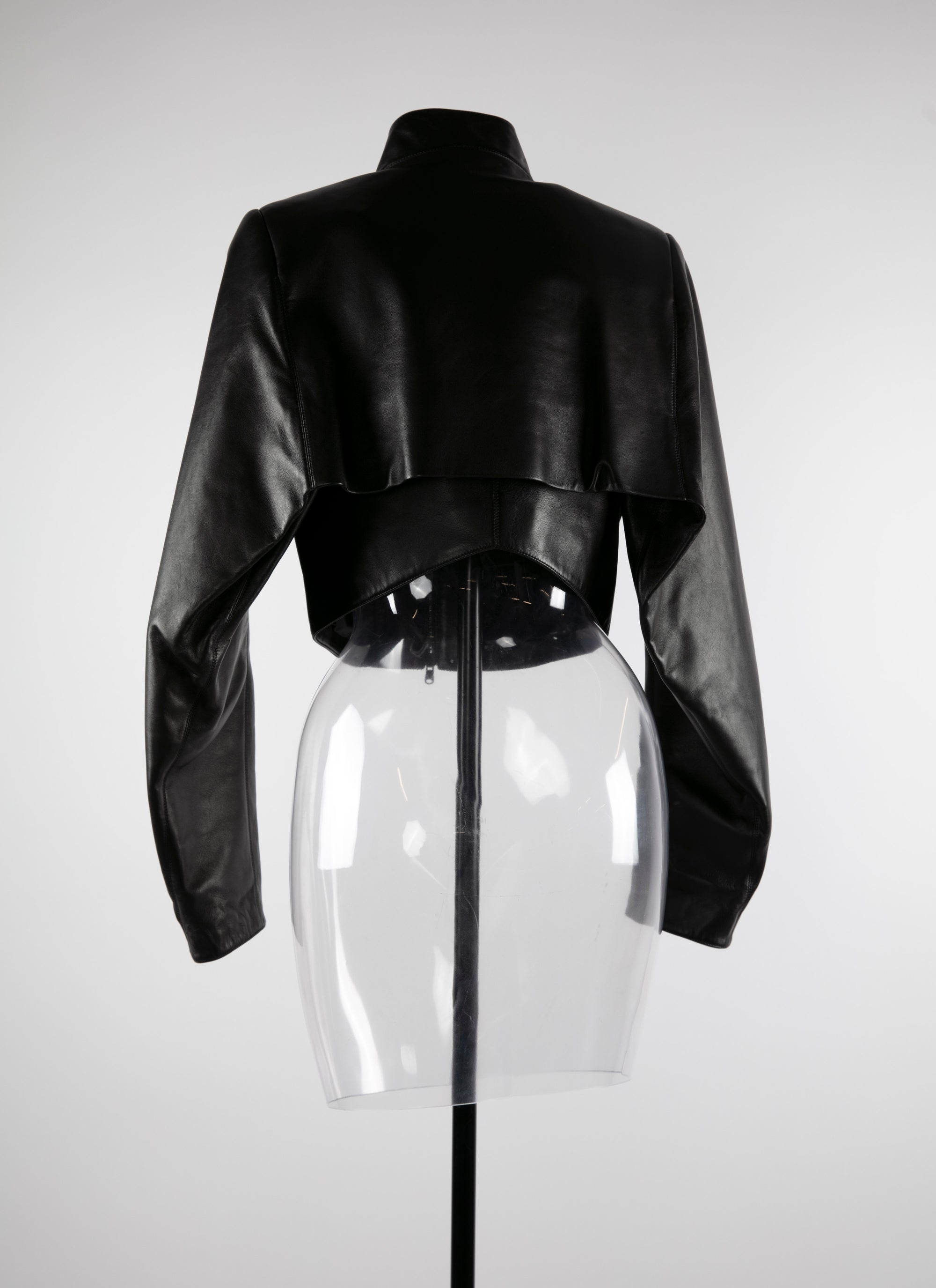 Long-sleeved leather bolero with stand-up collar - Black intense