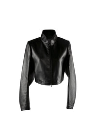 Long-sleeved leather bolero with stand-up collar - Black intense